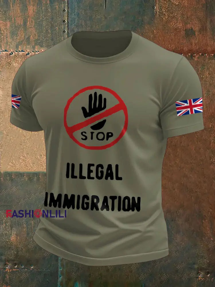 Men’s UK Flag Stop Illegal Immigration Printed T-shirt Army Green / S