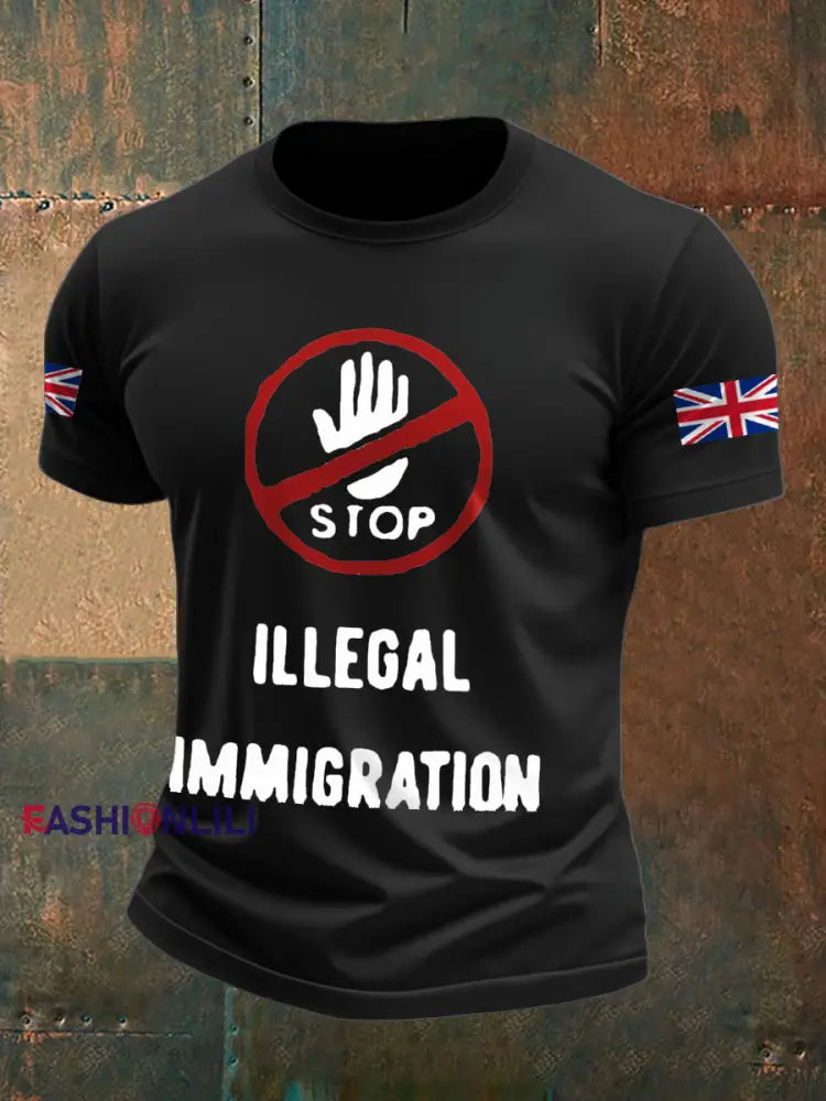 Men’s UK Flag Stop Illegal Immigration Printed T-shirt Black / S