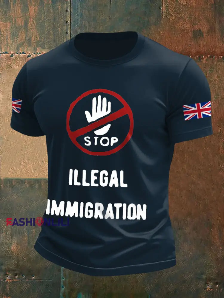 Men’s UK Flag Stop Illegal Immigration Printed T-shirt Navy Blue / S