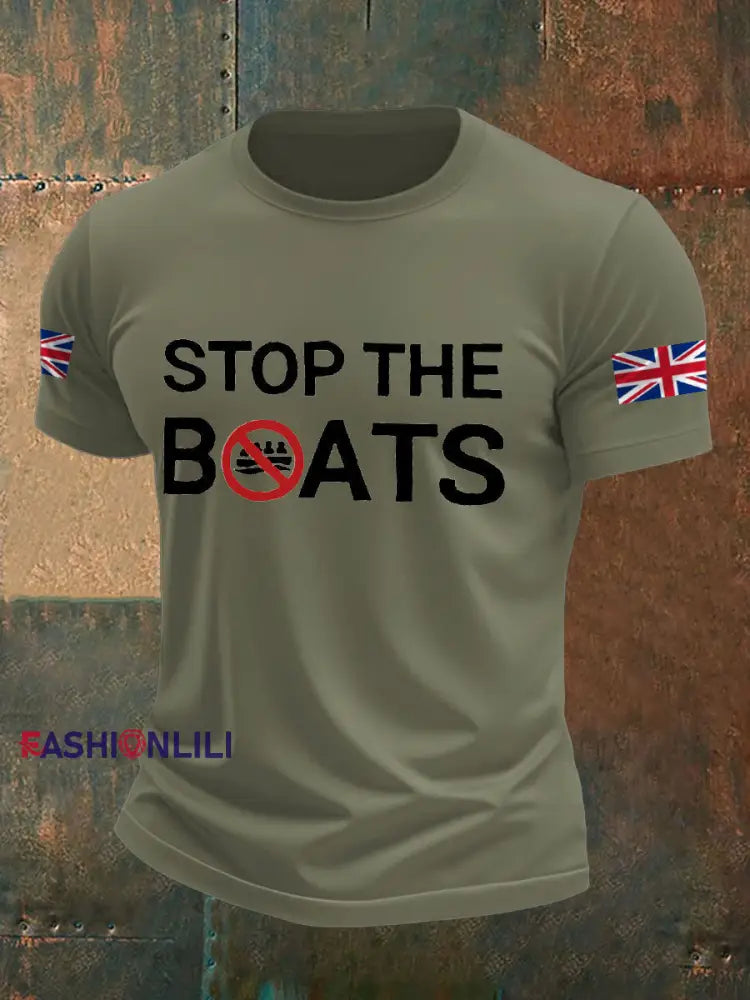 Men’s UK Flag Stop The Boats Printed T-shirt Army Green / S