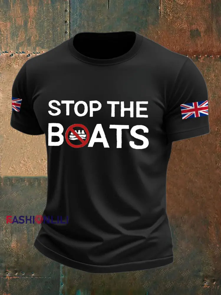 Men’s UK Flag Stop The Boats Printed T-shirt Black / S