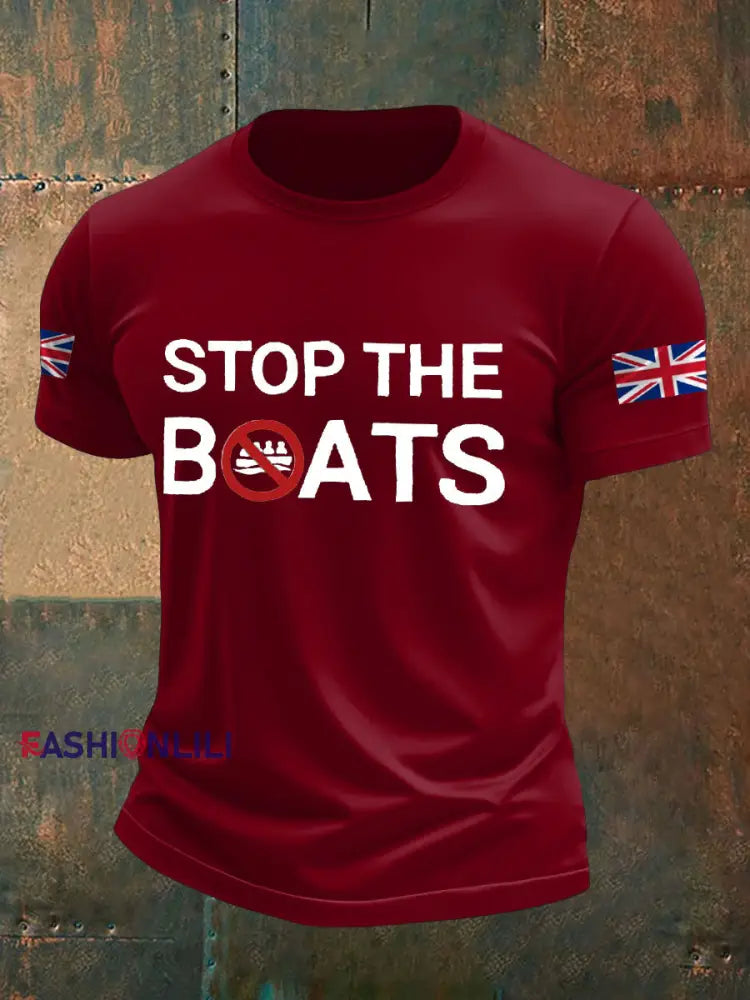 Men’s UK Flag Stop The Boats Printed T-shirt Deep Red / S