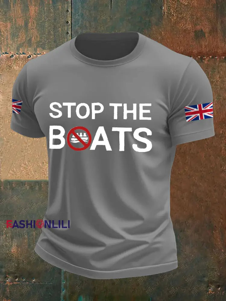 Men’s UK Flag Stop The Boats Printed T-shirt Light Gray / S