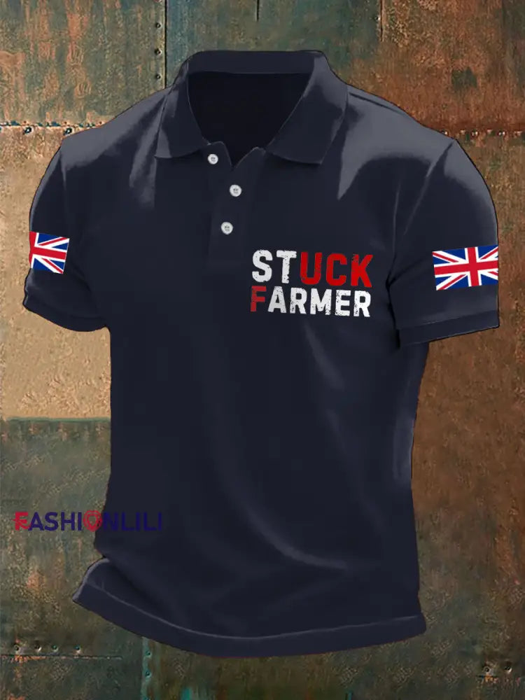 Men’s UK Flag Stuck Farmer Printed Casual Tops Navy Blue / S