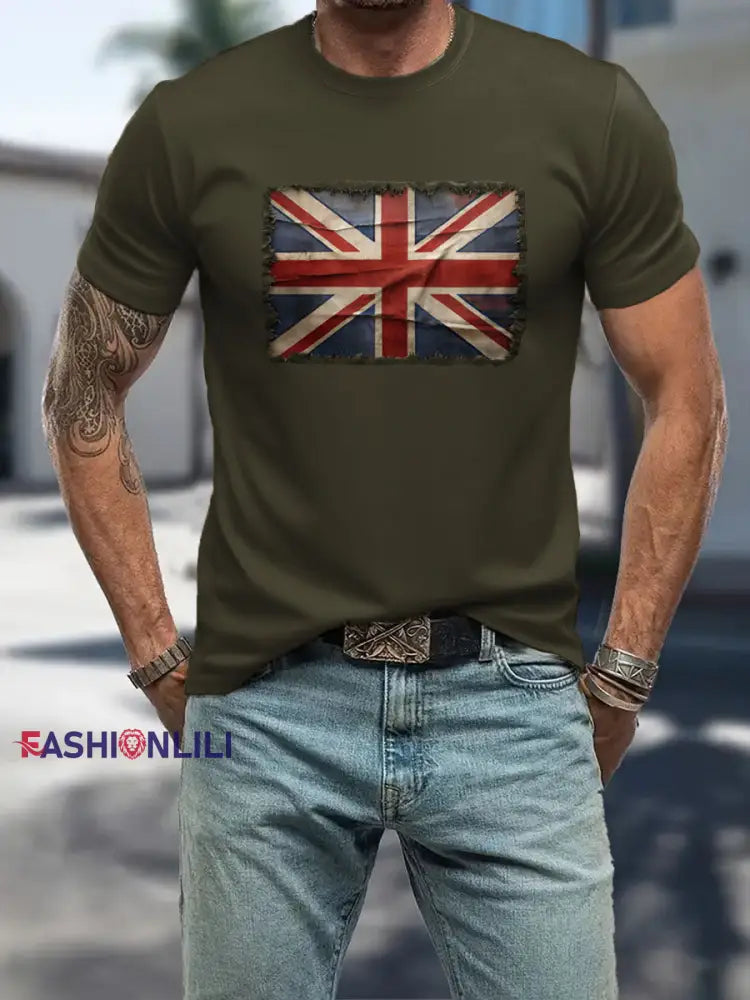 Men’s UK Patriotic Flag Printed T-shirt Army Green / S