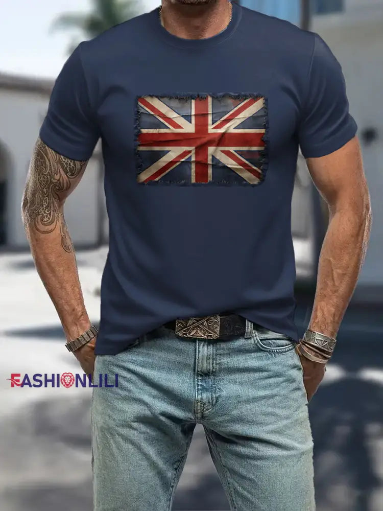 Men’s UK Patriotic Flag Printed T-shirt Navy Blue / S