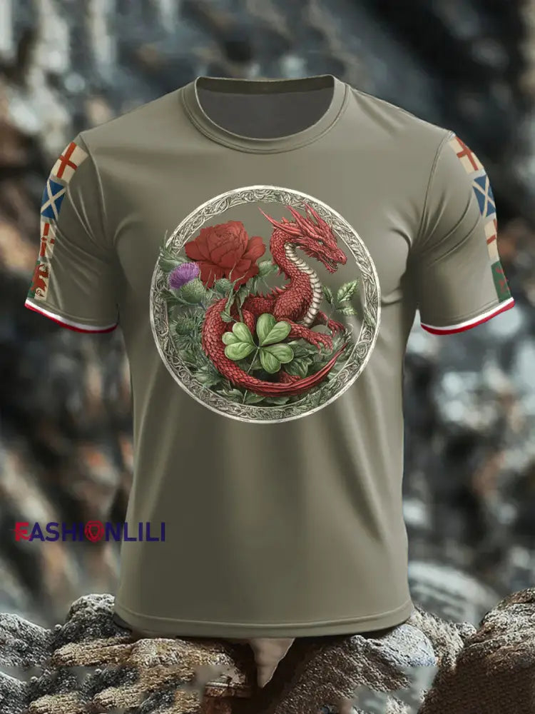 Men’s UK Scotland England Northern Ireland Wales Flag Art Printed T shirt Army Green / S
