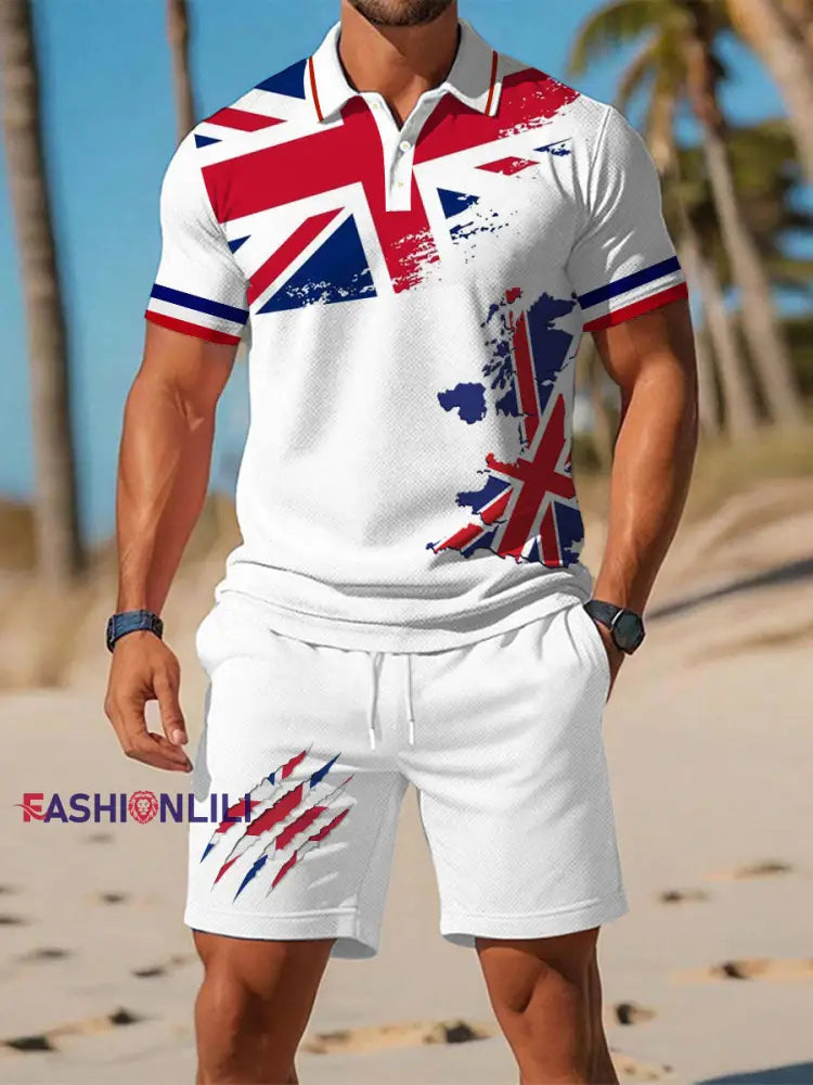 Men’s Union Jack Print Casual Polo Set White / S