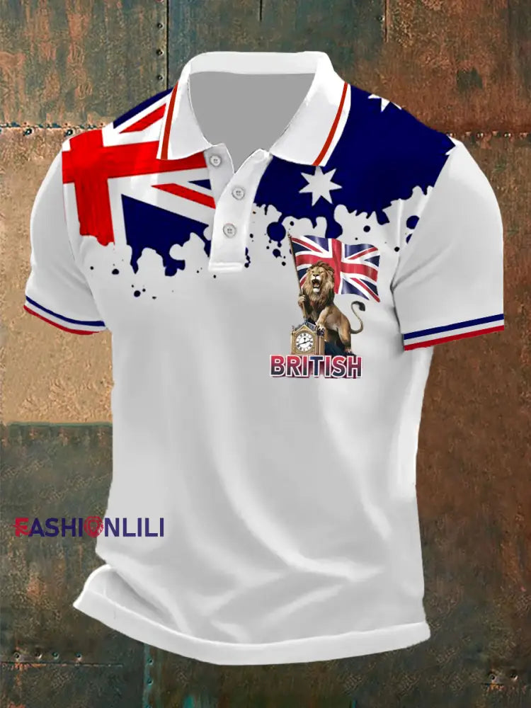 Men’s Union Jack Print Casual Polo Shirt White / S