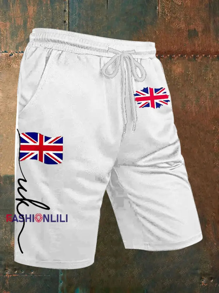 Men’s Union Jack Print Casual Shorts White / S