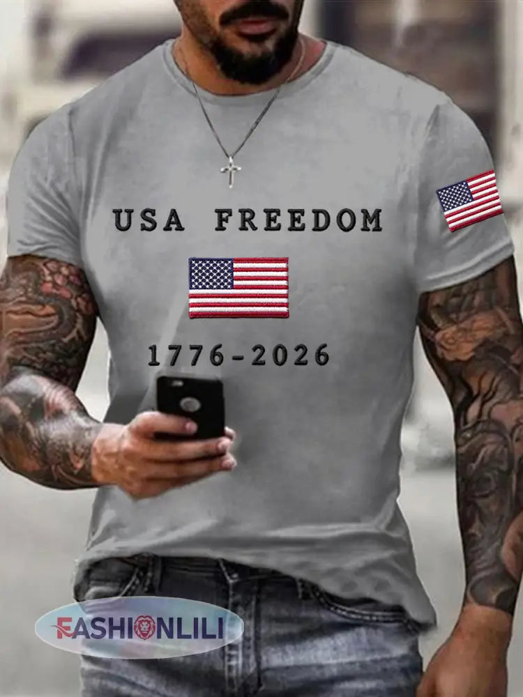 Men’s USA Freedom American Flag Print Casual Independence Day Patriotic Tee - Light Gray / S