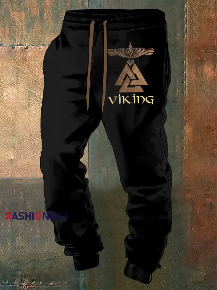 Men’s Viking Printed Drawstring Sports Pants Black / S