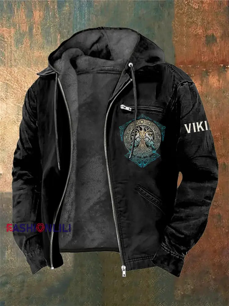Men’s Viking Printed Long Sleeved Hooded Jacket Black / S