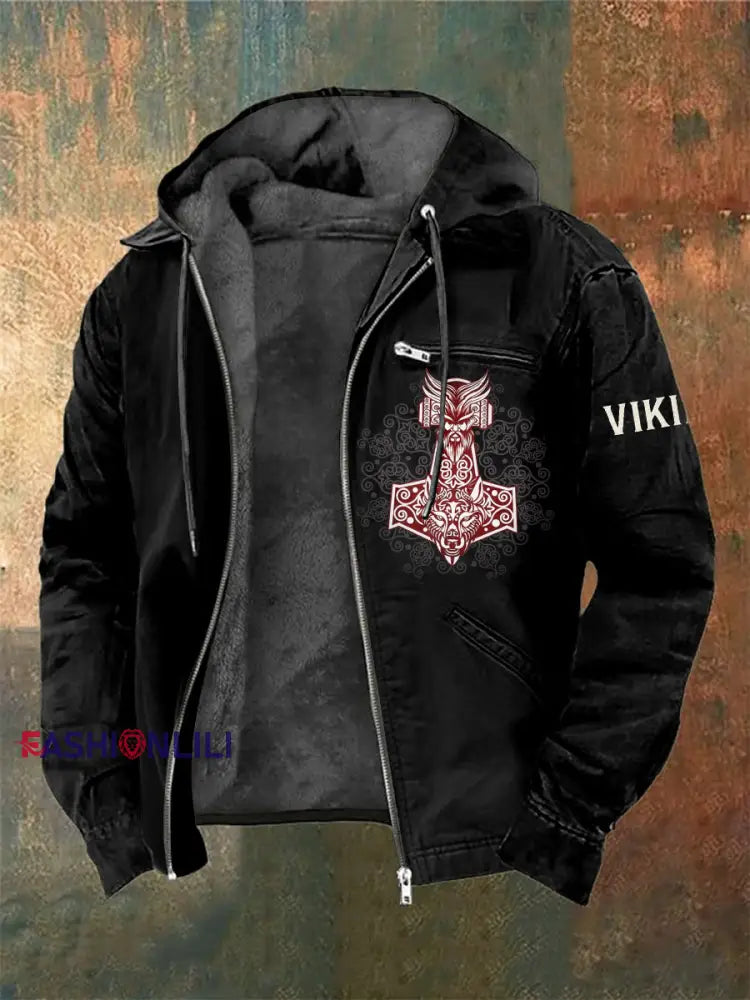 Men’s Viking Printed Long Sleeved Hooded Jacket Black / S
