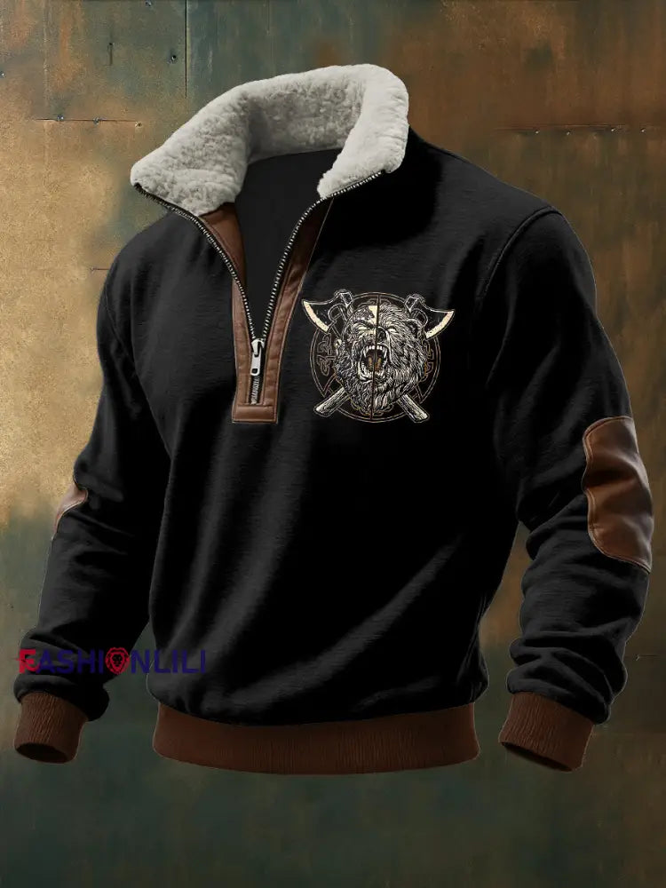 Men’s Viking Printed Long Sleeved Stand Up Collar Lambhair Zipper Top Black / S