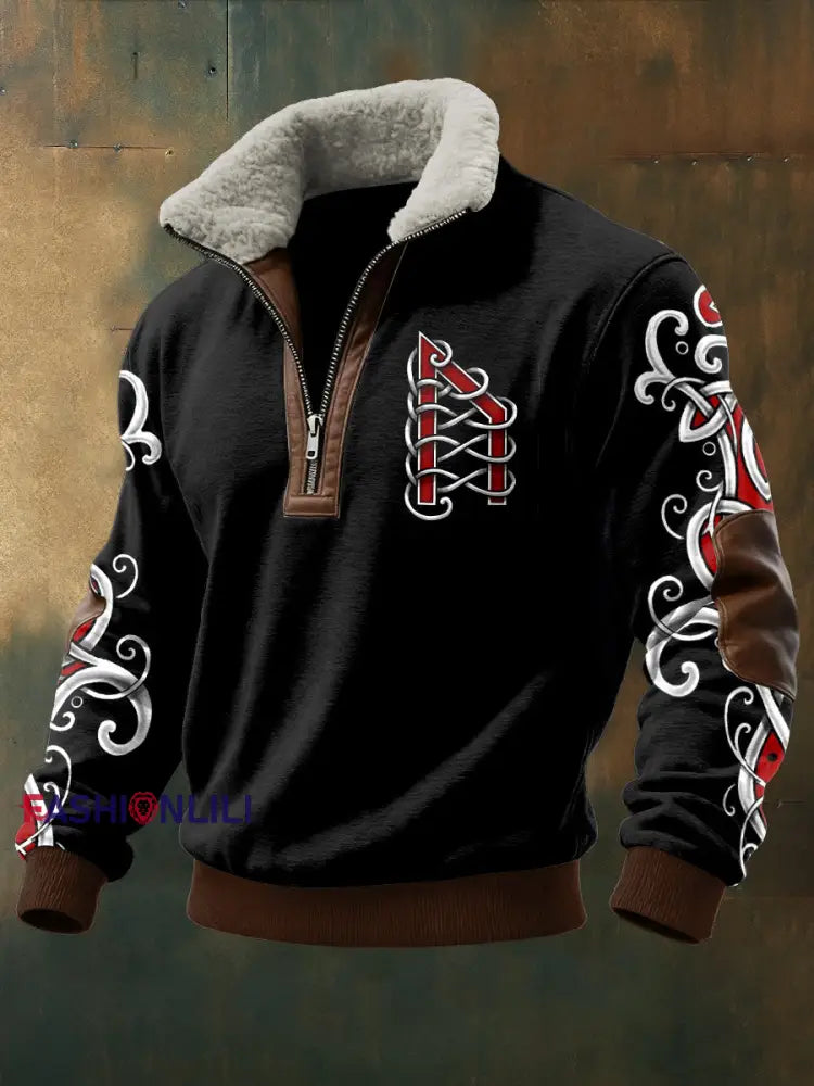 Men’s Viking Printed Long Sleeved Stand Up Collar Lambhair Zipper Top Black / S