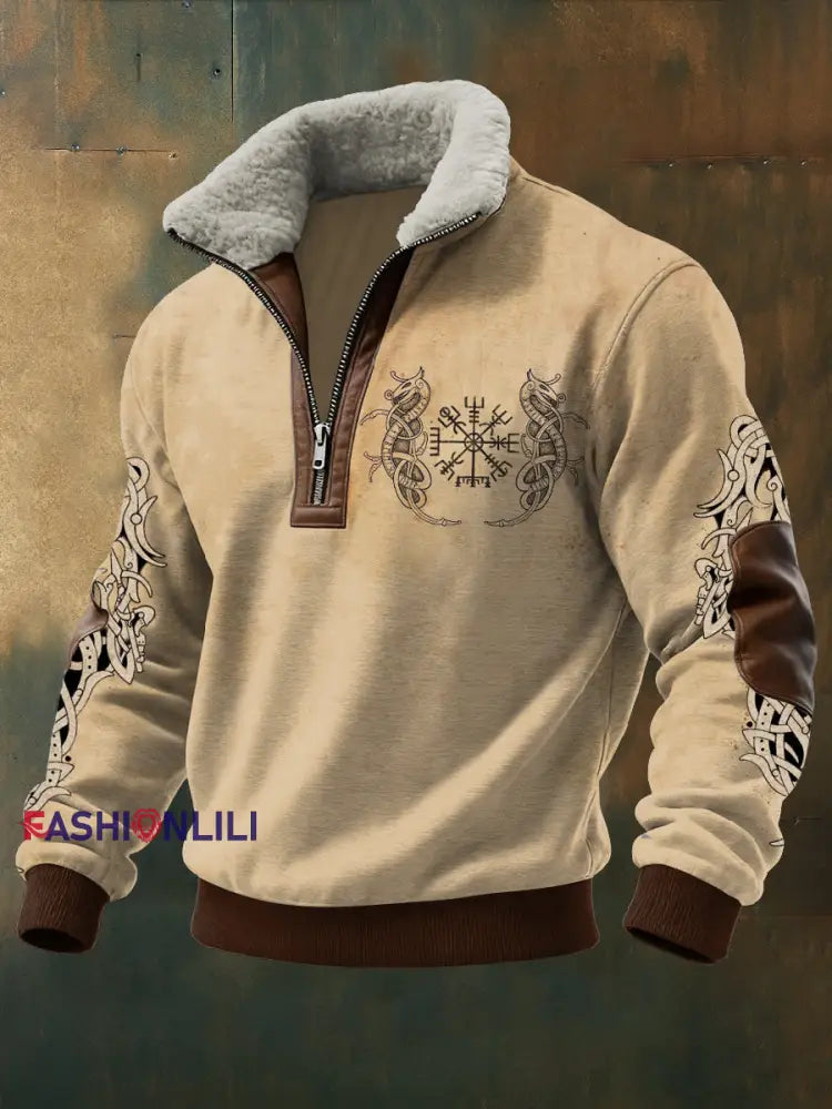 Men’s Viking Printed Long Sleeved Stand Up Collar Lambhair Zipper Top Khaki / S