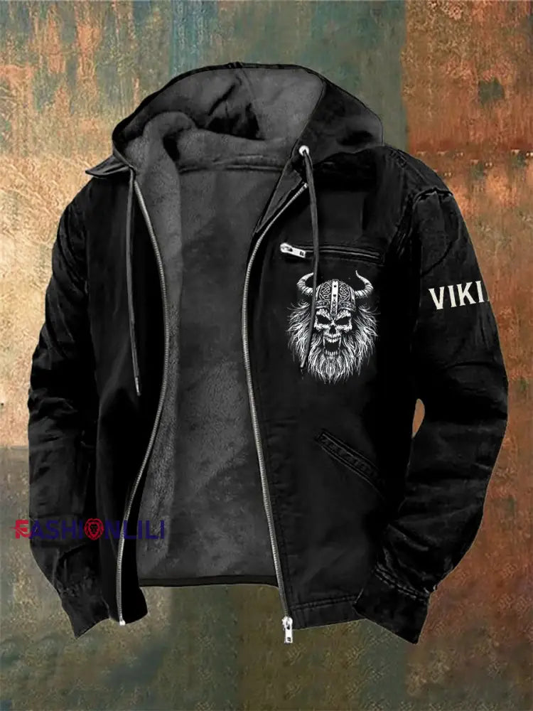Men’s Viking Warrior Skull Printed Long Sleeved Hooded Jacket Black / S