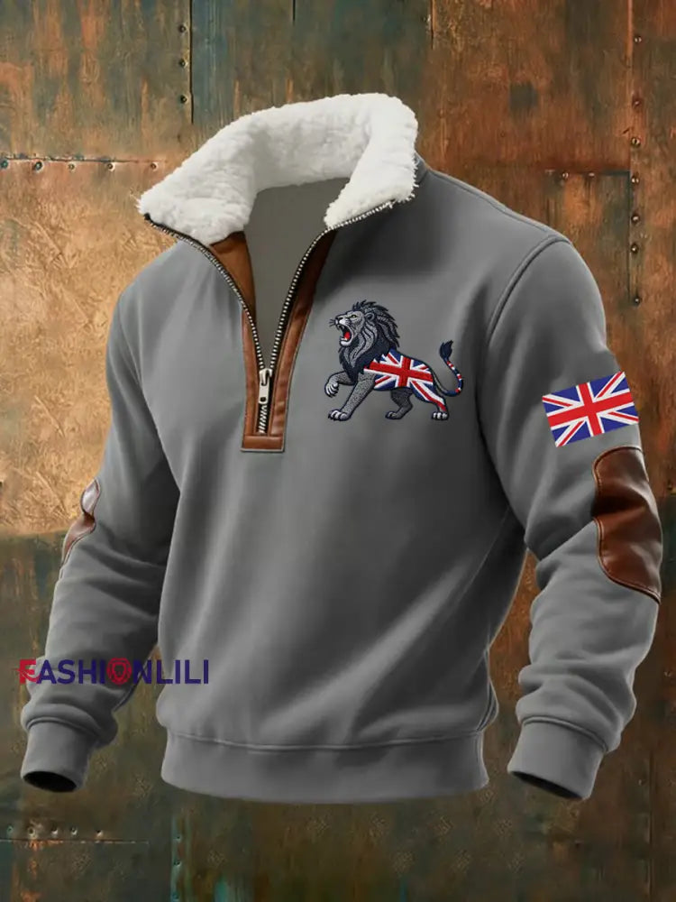 Men’s Vintage British Lion Print Sweatshirt Gray / S