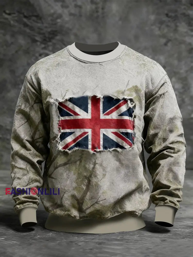 Men’s Vintage England Flag Camo Crew Neck Sweatshirt As picture / S