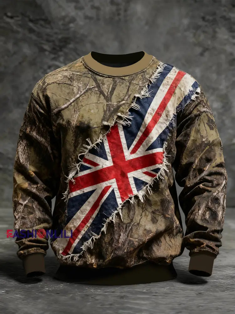 Men’s Vintage England Flag Camo Crew Neck Sweatshirt As picture / S