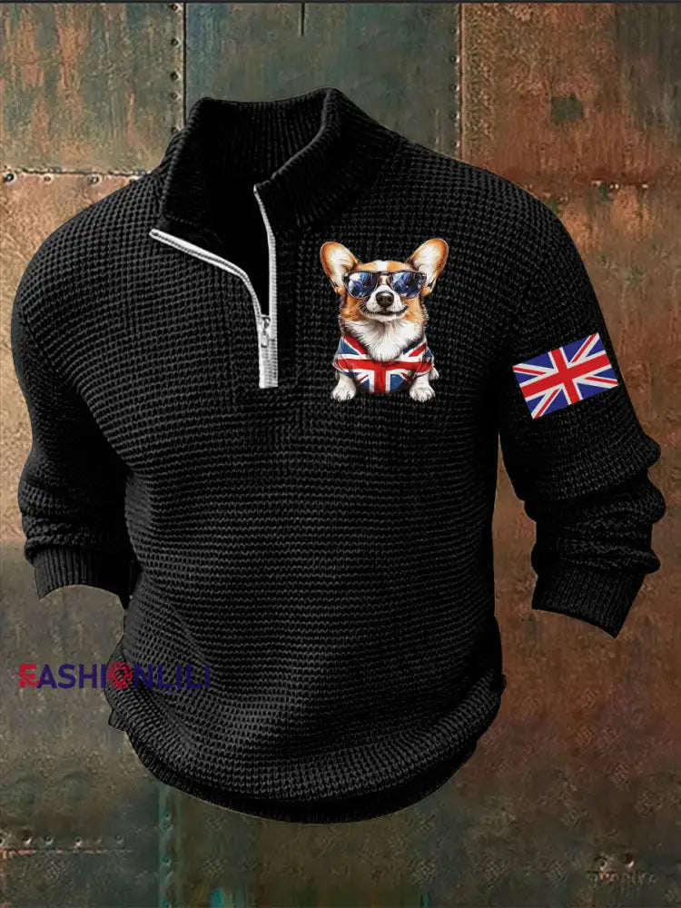 Men’s Vintage England Flag Dog Printed Sweater Black / S