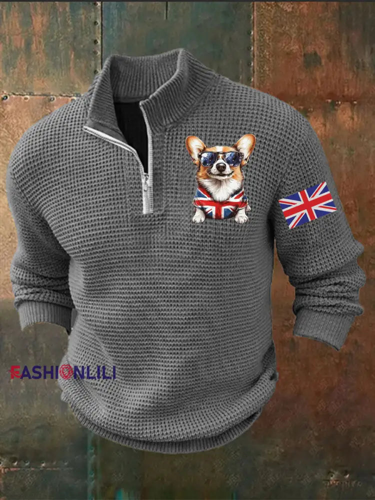 Men’s Vintage England Flag Dog Printed Sweater Gray / S
