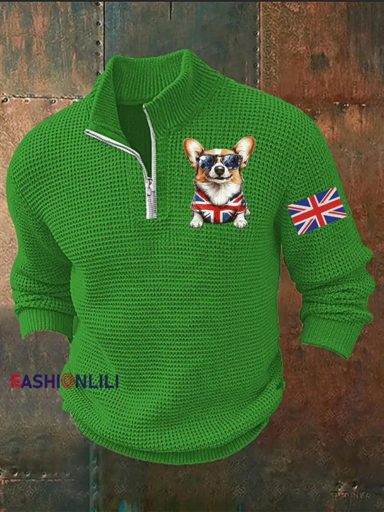 Men’s Vintage England Flag Dog Printed Sweater Green / S
