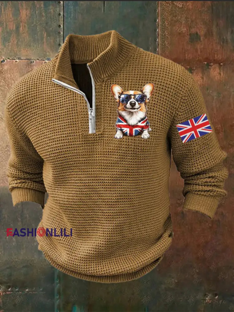 Men’s Vintage England Flag Dog Printed Sweater Khaki / S