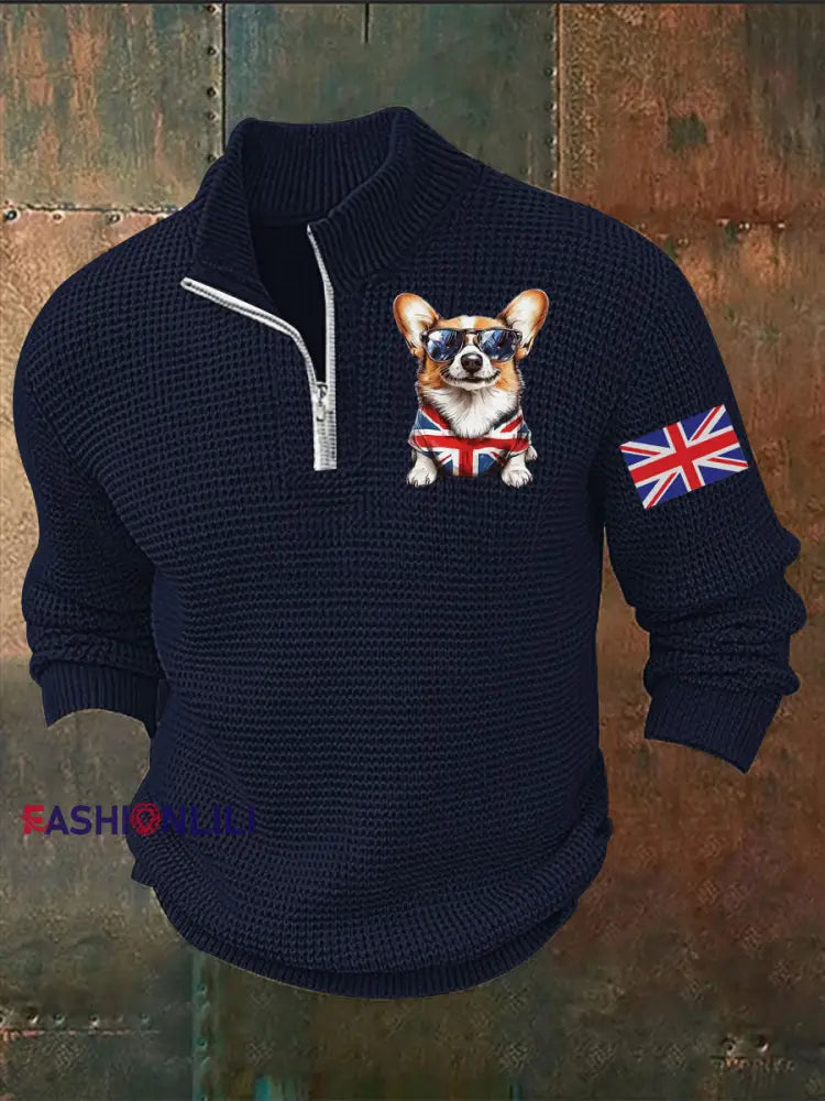 Men’s Vintage England Flag Dog Printed Sweater Navy Blue / S