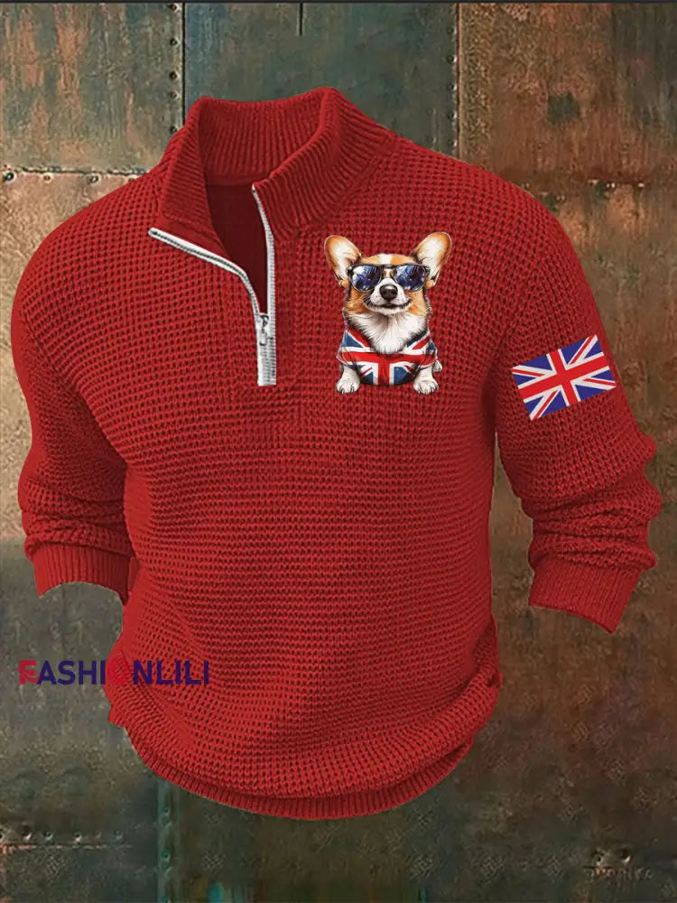 Men’s Vintage England Flag Dog Printed Sweater Red / S