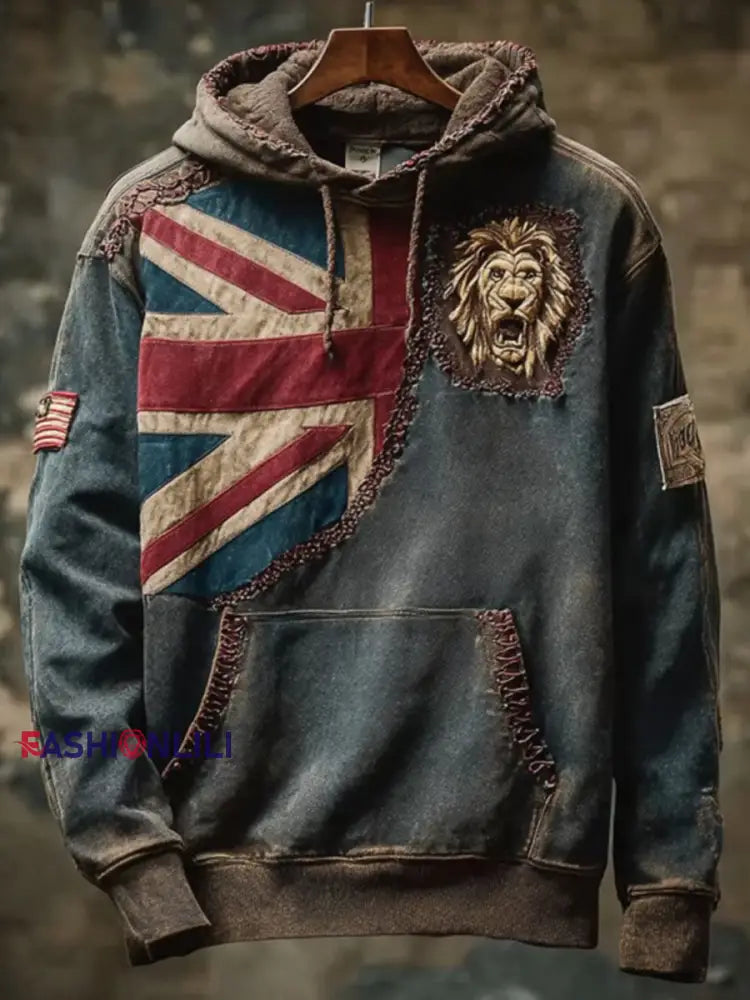 Men’s Vintage England Flag Lion Printed Hoodie As picture / S