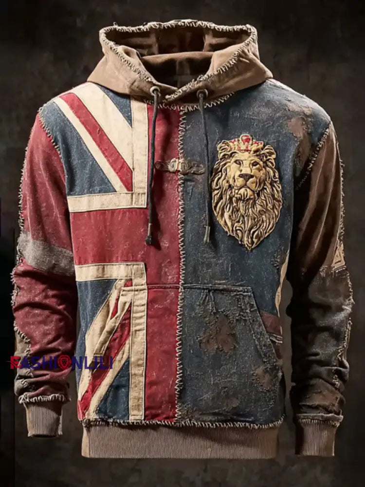Men’s Vintage England Flag Lion Printed Hoodie As picture / S