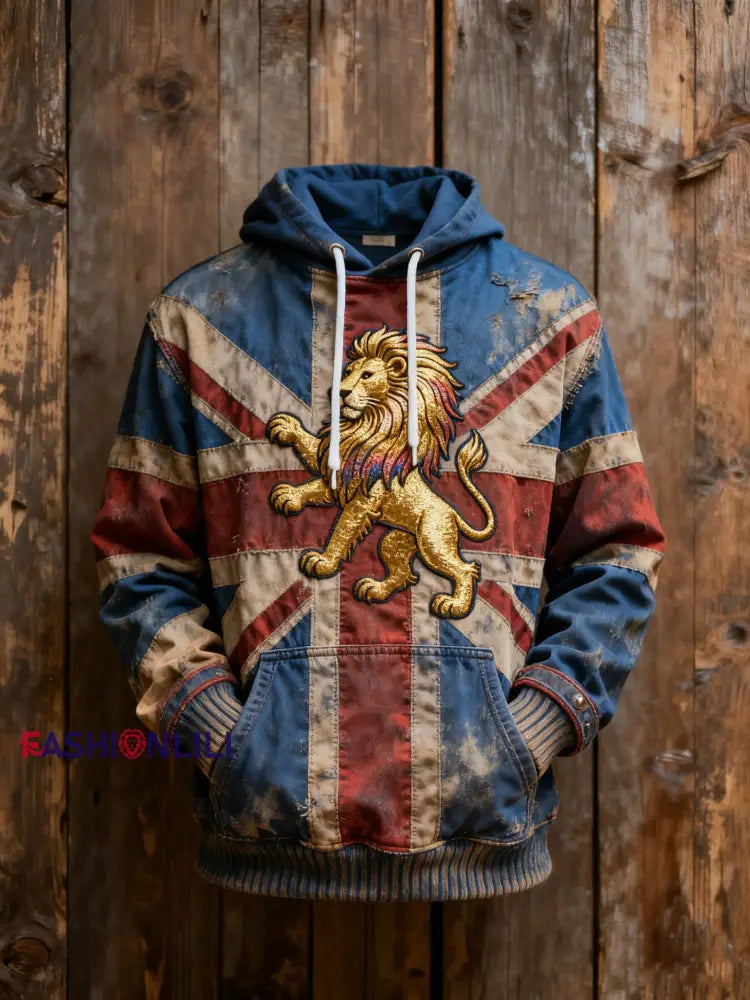 Men’s Vintage England Flag Lion Printed Hoodie As picture / S