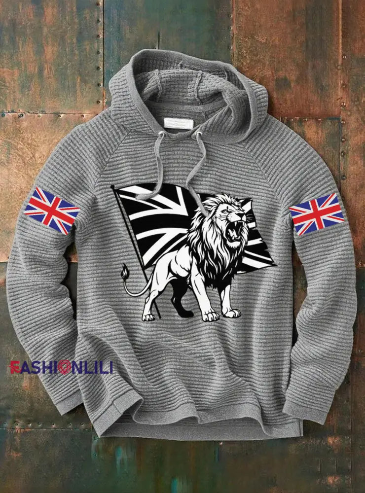 Men’s Vintage England Flag Lion Printed Hoodie Gray / S