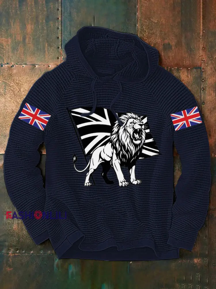 Men’s Vintage England Flag Lion Printed Hoodie Navy Blue / S