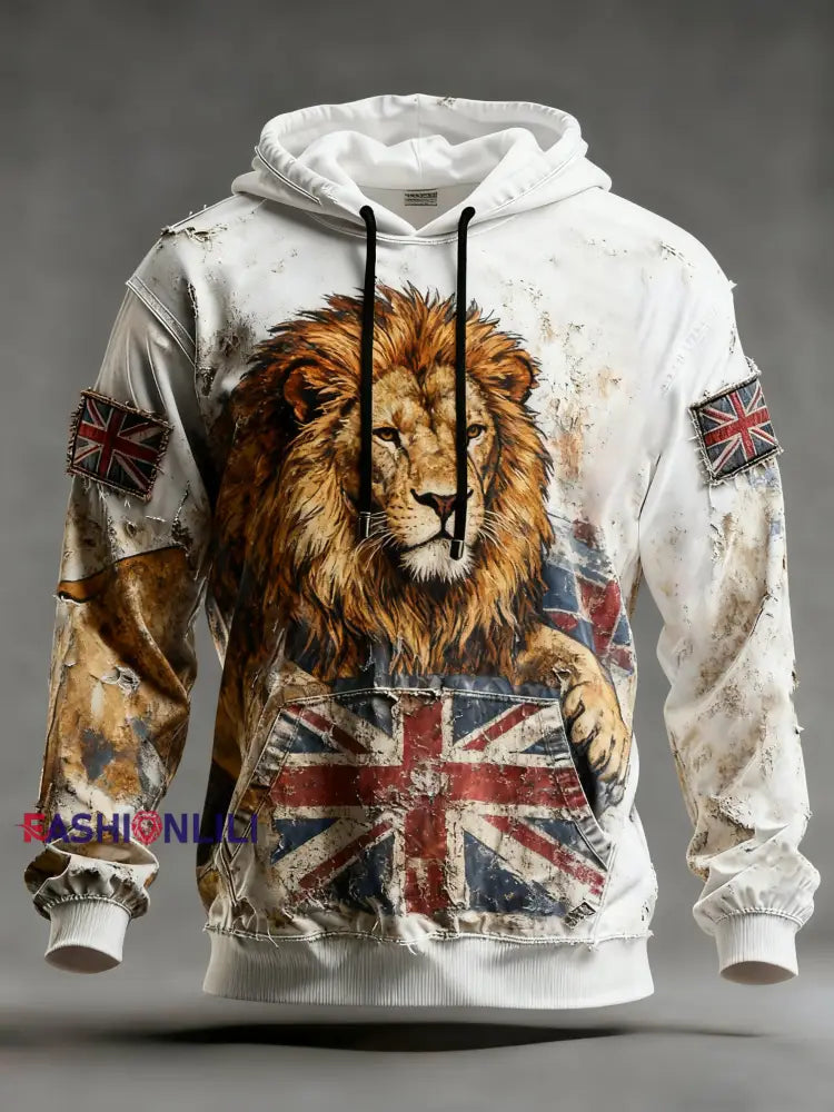Men’s Vintage England Flag Lion Printed Hoodie White / S