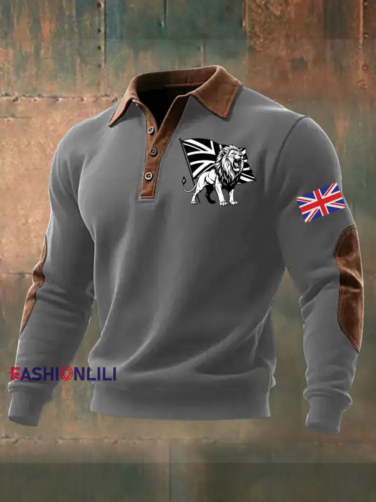Men’s Vintage England Flag Lion Printed Shirt Gray / S