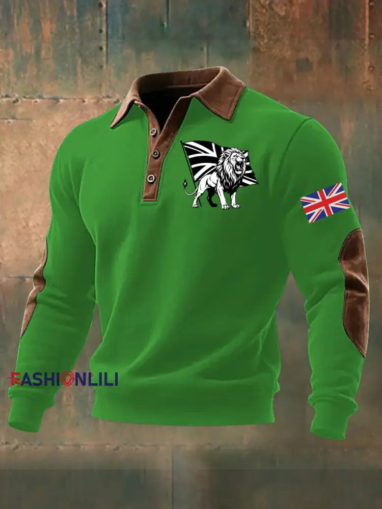 Men’s Vintage England Flag Lion Printed Shirt Green / S