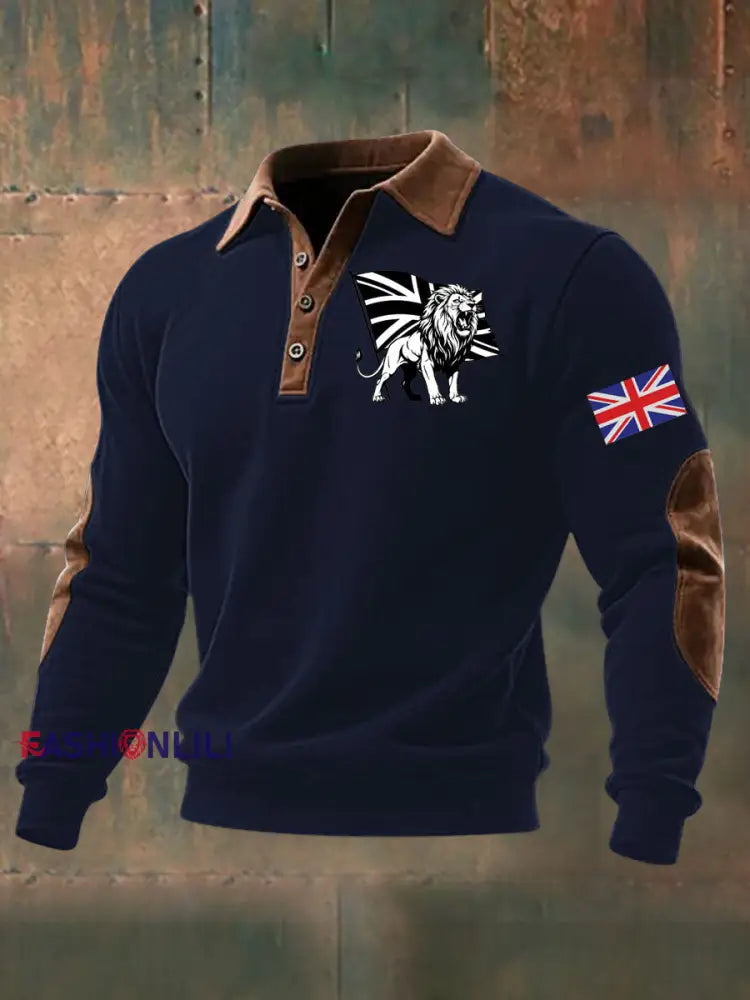 Men’s Vintage England Flag Lion Printed Shirt Navy Blue / S