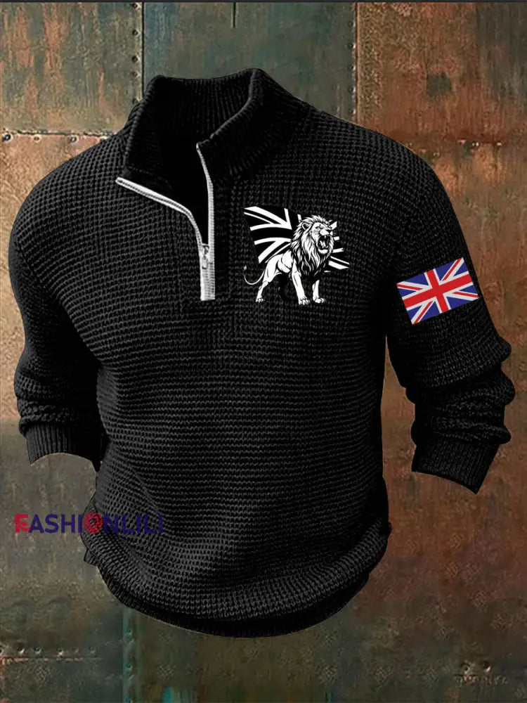 Men’s Vintage England Flag Lion Printed Sweater Black / S