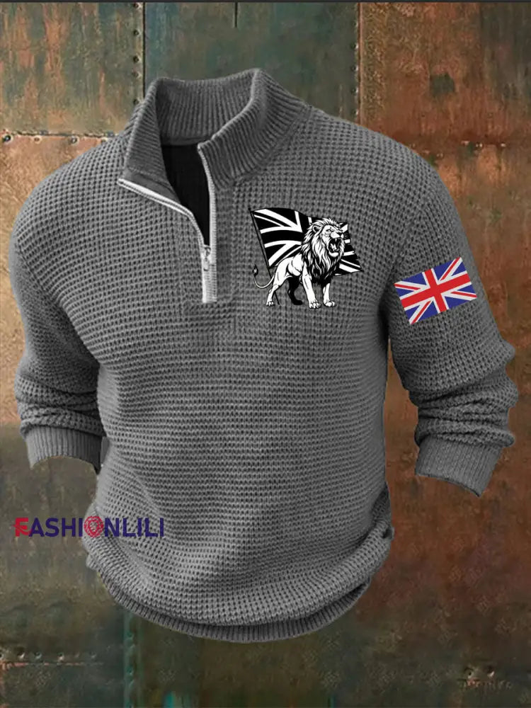 Men’s Vintage England Flag Lion Printed Sweater Gray / S
