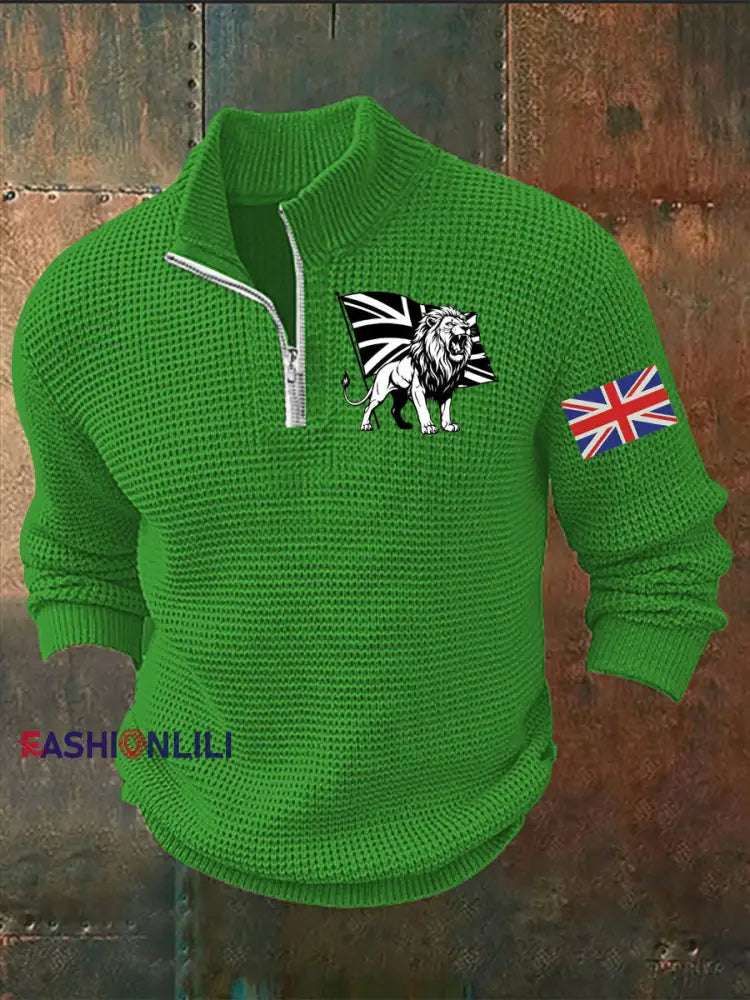 Men’s Vintage England Flag Lion Printed Sweater Green / S