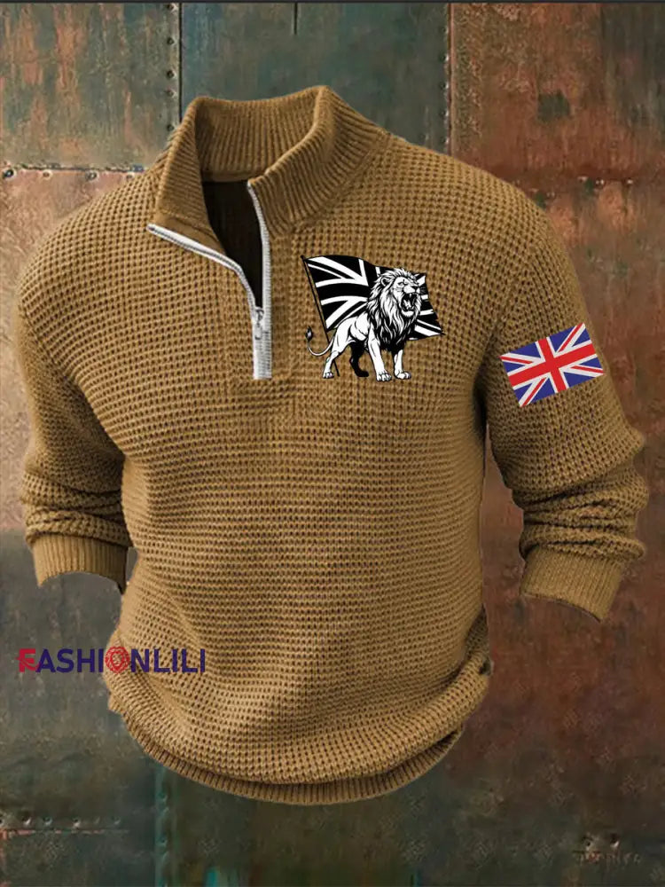 Men’s Vintage England Flag Lion Printed Sweater Khaki / S