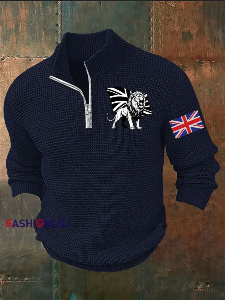 Men’s Vintage England Flag Lion Printed Sweater Navy Blue / S