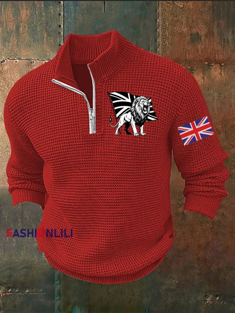 Men’s Vintage England Flag Lion Printed Sweater Red / S