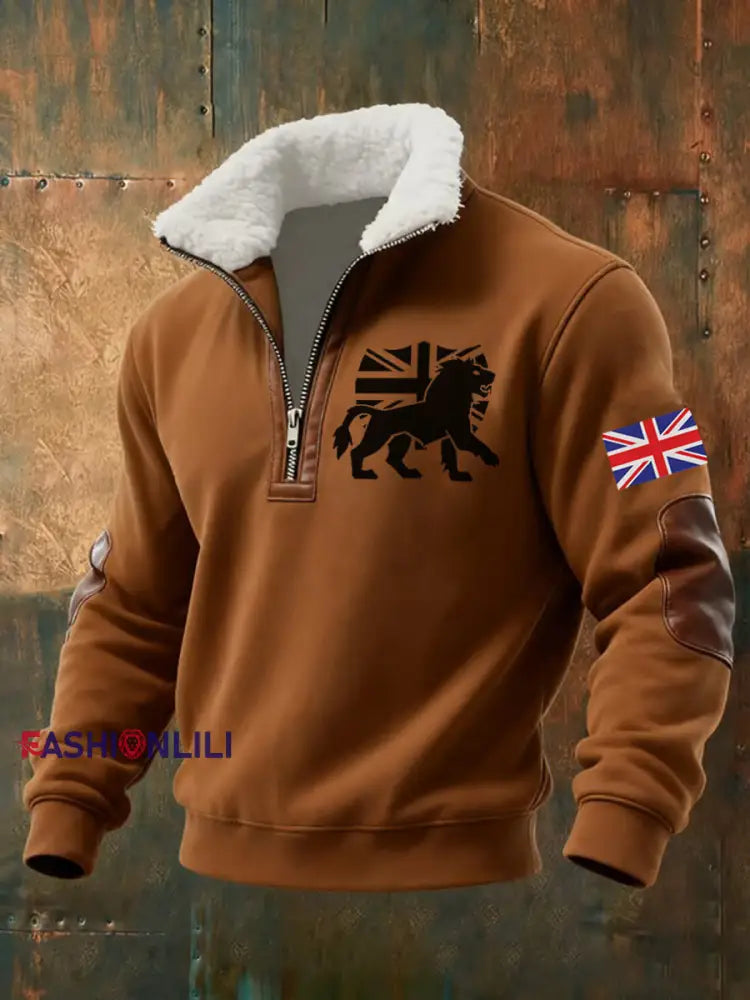 Men’s Vintage England Flag Lion Printed Sweatshirt Brown / S