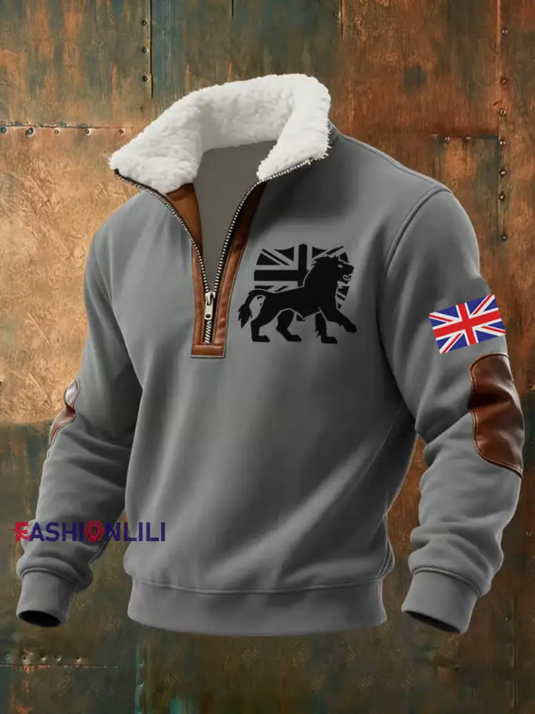 Men’s Vintage England Flag Lion Printed Sweatshirt Gray / S
