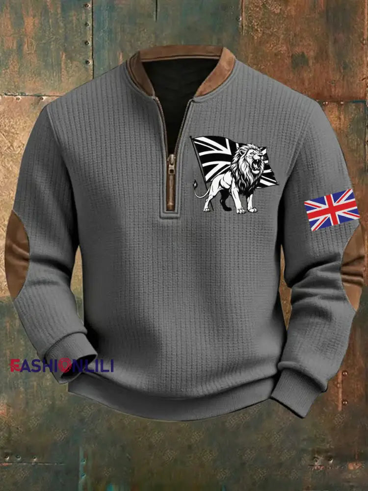 Men’s Vintage England Flag Lion Printed Sweatshirt Gray / S
