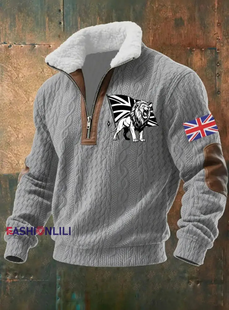 Men’s Vintage England Flag Lion Printed Sweatshirt Gray / S